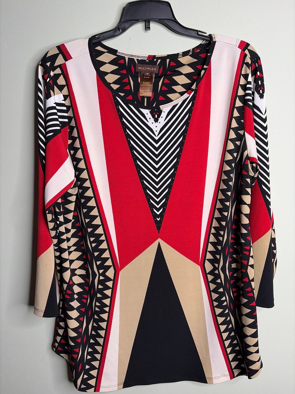 Multiples Red White Black Beaded Blouse Medium